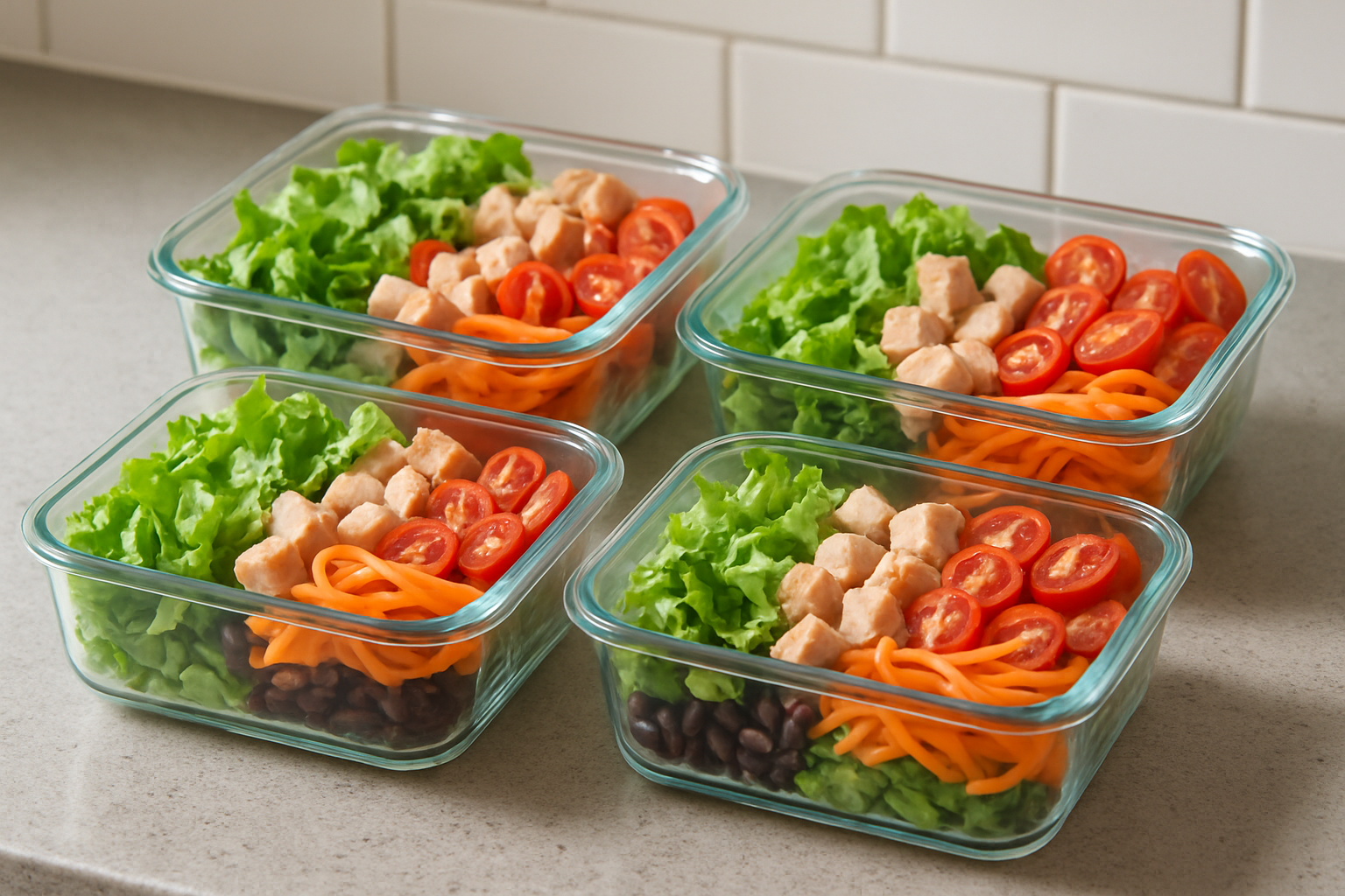 Szklane pojemniki na sałatki przygotowane do zabrania do pracy